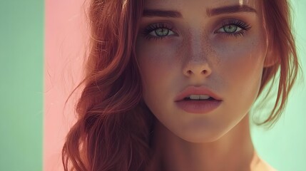 Fototapeta premium Beautiful Young Woman with Wavy Brown Hair and Green Eyes