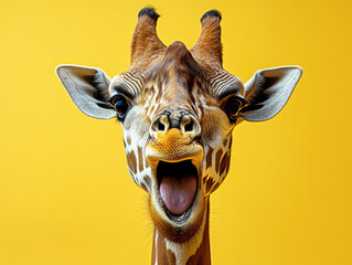 Giraffe playfully roars against a bright yellow background