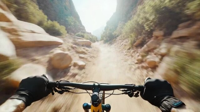 Experience intense downhill mountain biking as the rider navigates rocky paths surrounded by towering cliffs and bright sunlight, showcasing skill and speed in nature's beauty
