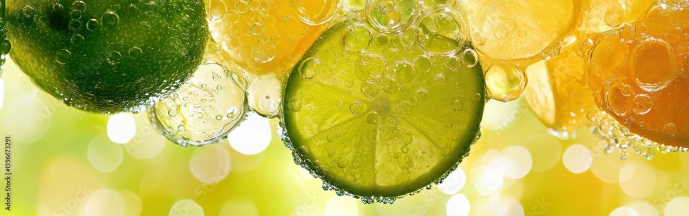 Poster slices of citrus fruits: lime, lemon, and orange in sparkling soda water with bubbles and a green bo