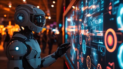 A futuristic science fair with exhibits showcasing advanced robotic technologies, holographic displays, and innovative gadgets