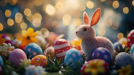 Easter bunny amidst colorful decorated eggs and spring flowers in a festive holiday scene with blurred bokeh lights