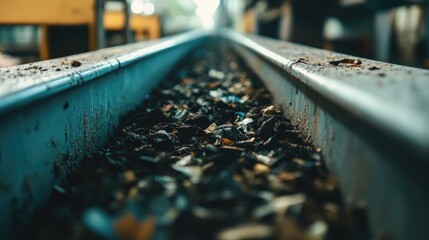 Close-up of recycling conveyor belt at ecological plant, sorting and processing materials