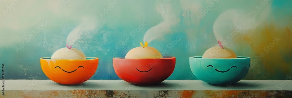 Poster three colorful bowls with smiling faces contain steaming scoops on a surface.