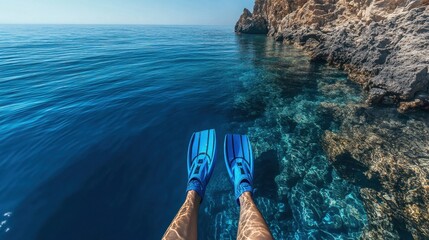 Crystal clear turquoise water meets rocky cliffs as a diver descends, viewed from a first-person perspective with blue fins visible