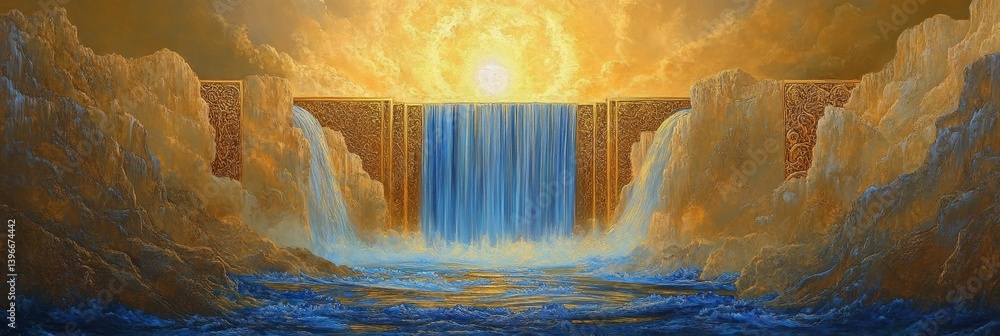 Poster waterfall flows between cliffs with a golden light shining from above.