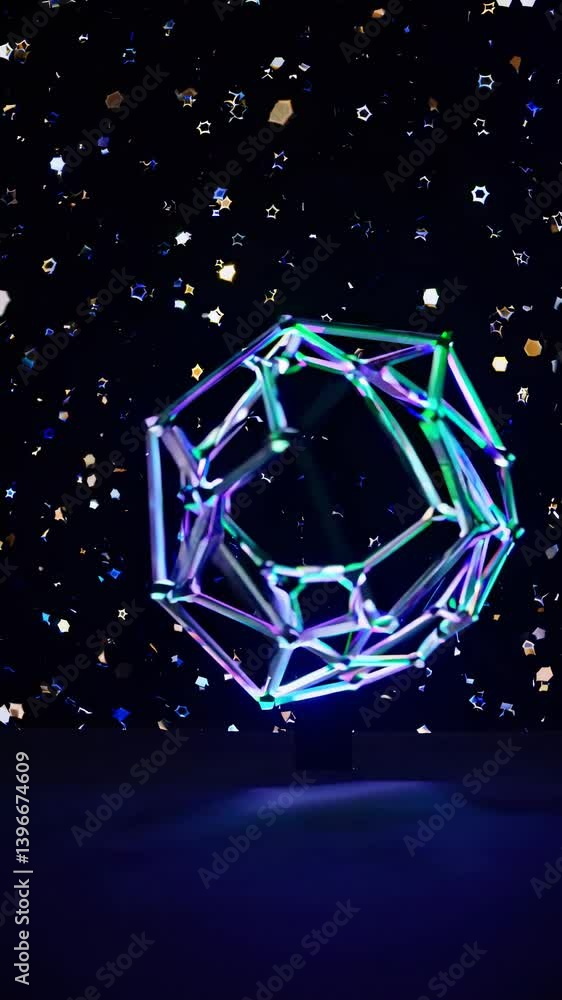 Poster a futuristic video scene with a glowing geometric shape floating in space. low-angle shot emphasizes