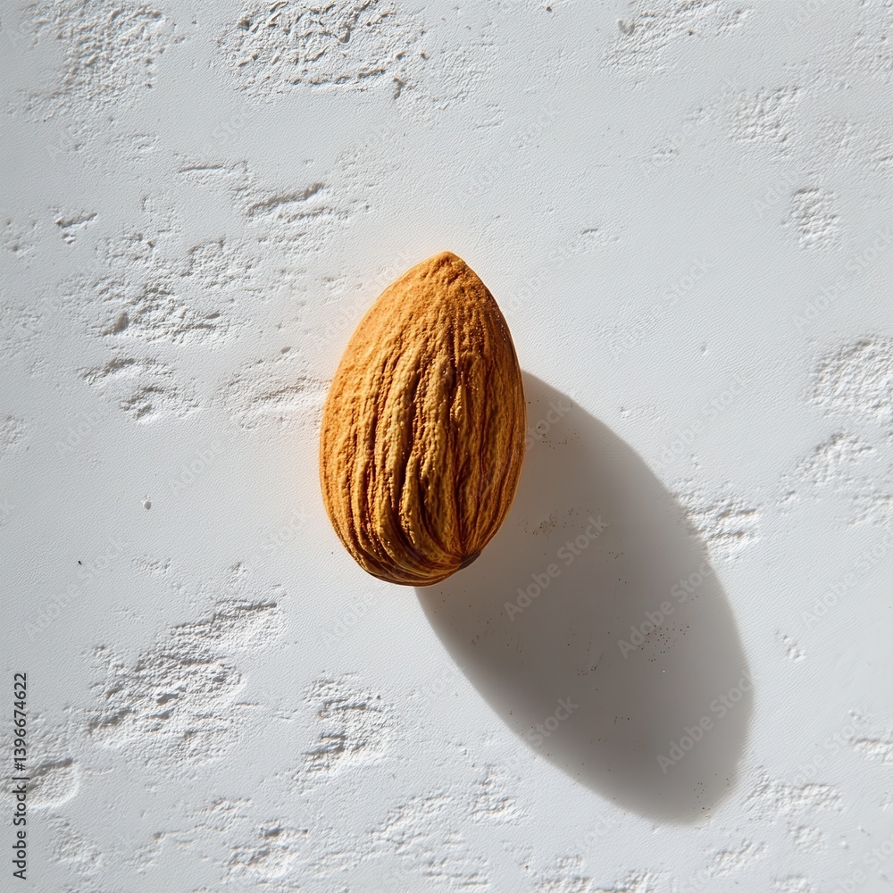 Poster Close-up of a Singular Almond with Distinctive Texture and Elongated Shadow on a Bright White Embossed Surface