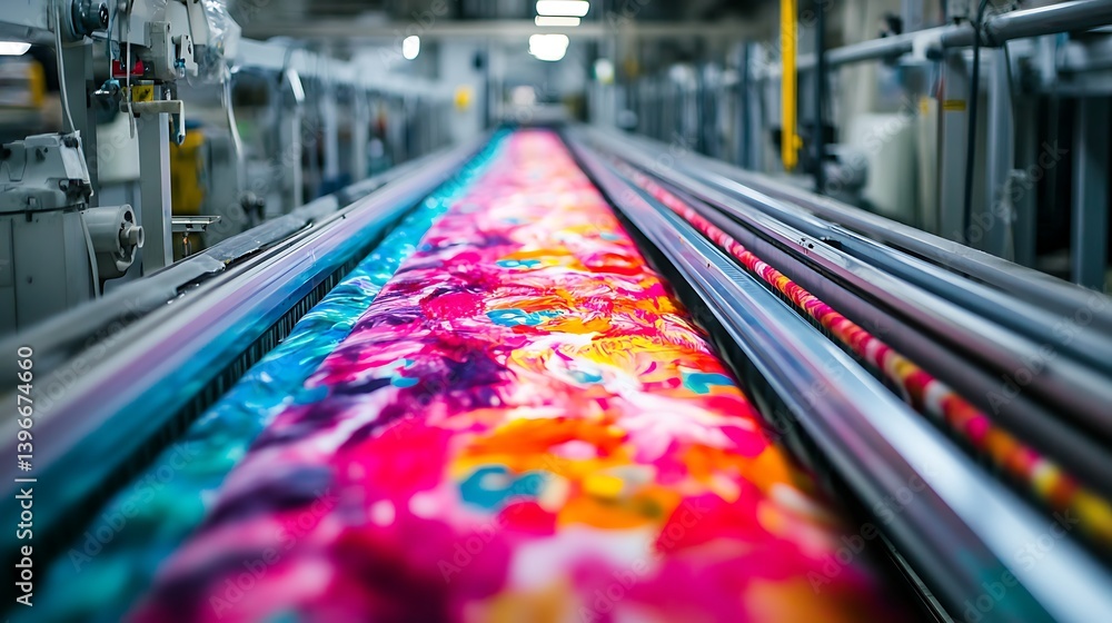 Poster vibrant fabric patterns being processed in a textile factory with machinery in the background