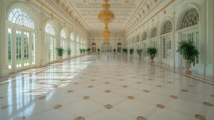 Obraz premium Extravagant White and Gold Ballroom with Crystal Chandelier, Arched Windows, Patterned Tile Floor, Opulent Interior Design, Abundant Natural Light and Grand Architecture