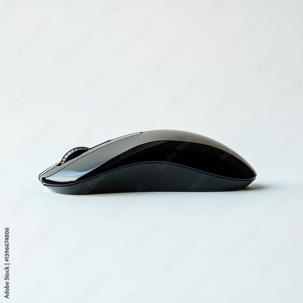 Poster sleek black wireless computer mouse with a streamlined design and glossy finish, placed on a white b