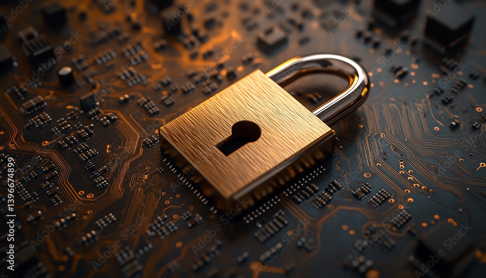 Aufkleber photo realistic depiction of a padlock on a computer mainboard, symbolizing secure information priva