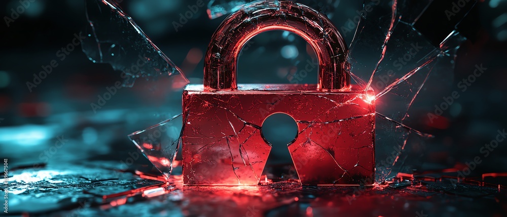 Poster 3d illustration of a cyber attack with a red broken padlock, hacking attempt, security breach, inter