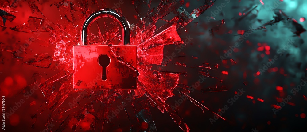 Poster 3d illustration of a cyber attack with a red broken padlock, hacking attempt, security breach, inter