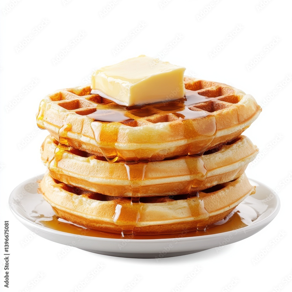 Poster stack of fluffy golden waffles with butter and dripping syrup on white plate ready to eat as breakfa