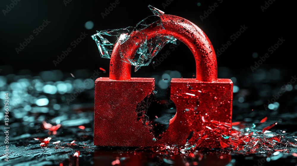 Fototapete Cyber attack warning mockup, red broken padlock symbolizing security breach, hacker accessing system, cybersecurity alert, realistic digital composition