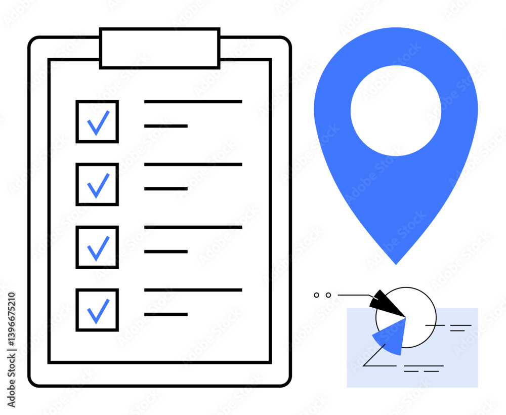 Poster checklist on clipboard with blue location pin and data visualization chart. ideal for task tracking,