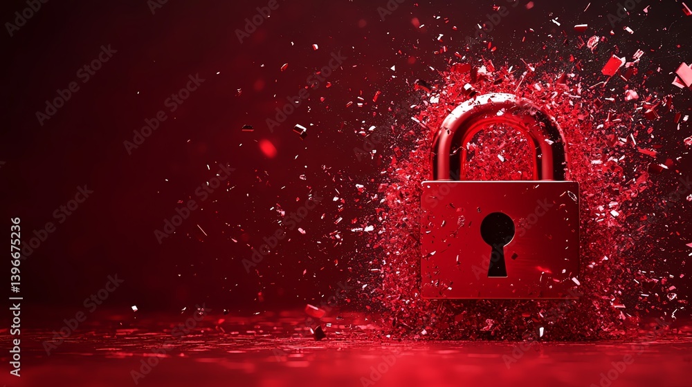 Fototapete Cyber attack warning mockup, red broken padlock symbolizing security breach, hacker accessing system, cybersecurity alert, realistic digital composition