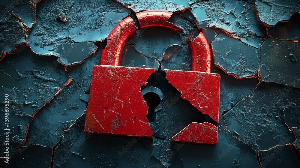 Aufkleber cybersecurity breach concept, red broken padlock, hacker attack on internet system, security vulnera