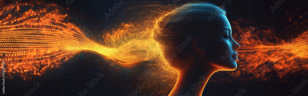 Poster glowing woman silhouette with abstract light patterns - conceptual energy flow and mind connection