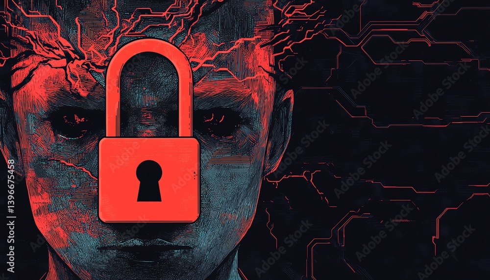 Poster generative ai illustration of hacker attack, system breached, red broken padlock, alert warning, cyb