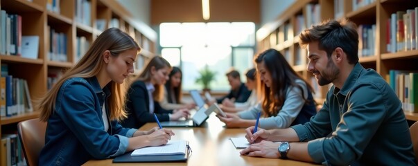 Abstract image of college students studying in a modern library, research, defocused background, knowledge