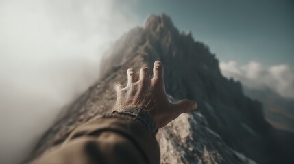 A determined hand reaching for a summit on a mountain range - grabbing ambition environment sunset range