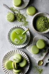 A delightful arrangement of matcha macaroons and iced matcha drink, showcasing vibrant green colors and textures.