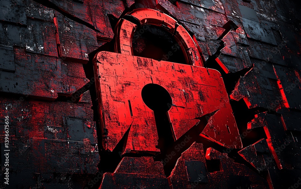 Poster generative ai image of a hacker attack on a computer system, red alert icon, broken padlock, cyberse