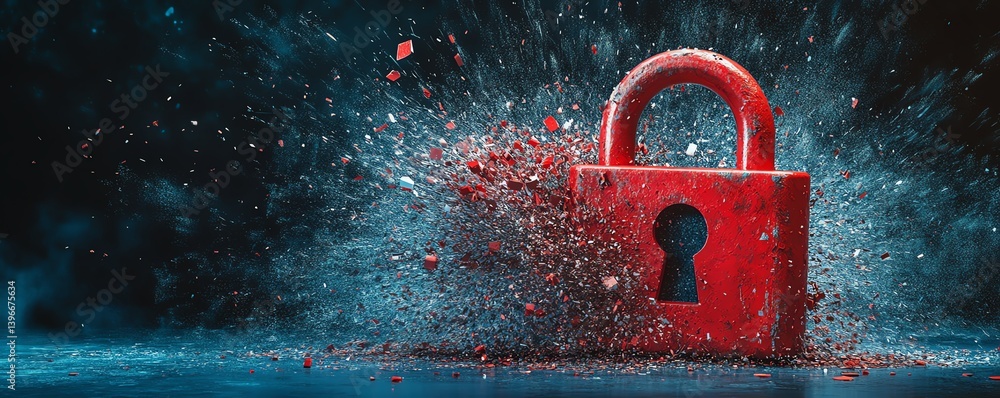 Leinwandbilder generative ai image of a hacker attack, red padlock shattered, internet system breach, cybersecurity