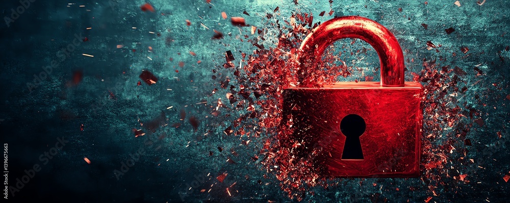 Poster generative ai image of a hacker attack, red padlock shattered, internet system breach, cybersecurity