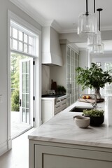 A bright and modern kitchen featuring marble countertops, beautiful lighting, and an inviting atmosphere for cooking.