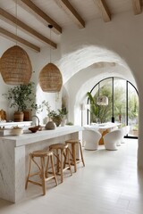 A beautifully styled kitchen showcasing natural materials, light, and lush greenery creating a warm inviting atmosphere.