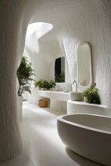 An artistic take on modern bathroom design with unique curves, ample light and greenery creating a calming retreat.