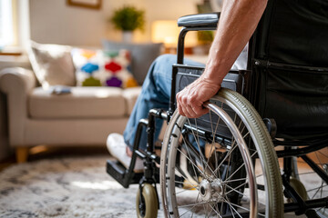 Naklejka premium Senior Man In Wheelchair At Home With Focus On Wheel