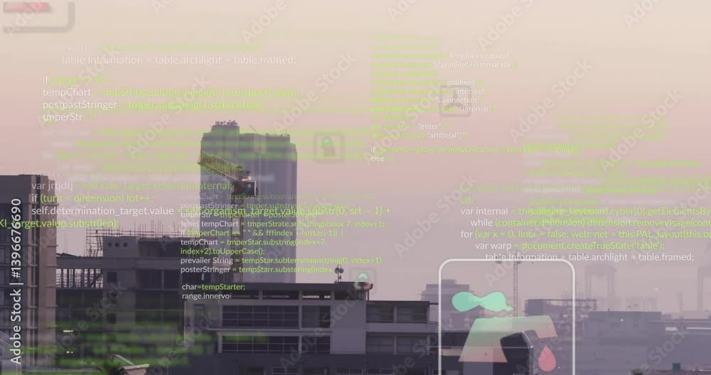 Poster animation of city skyline with green coding and data visualization overlay