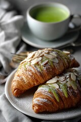 Fresh croissants coated in matcha glaze and garnished with almonds, resting on a stylish plate with green tea.