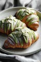 Three croissants generously drizzled with matcha glaze and topped with almonds, creating visual and flavor delight.