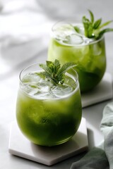 The photo showcases two vibrant green drinks with ice and mint garnish, creating a refreshing ambiance.