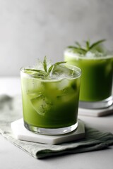 Two glasses filled with a chilled green drink featuring visible ice cubes and fresh mint leaves on top.
