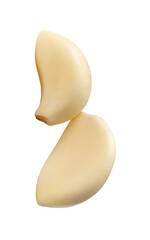 Side view of two peeled garlic cloves or pieces in stack isolated with clipping path in png file...