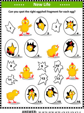 Fototapeta Springtime or Easter holiday match game. Visual logic puzzle or picture riddle. Match the holes in the eggs and the eggshell fragments. Answer included. 