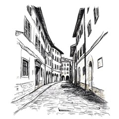 Naklejka premium Sketch of a narrow, curving cobblestone street lined with old European buildings.