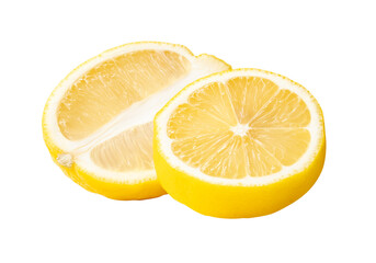 Front view of ripe yellow lemon fruit in  ellipse half and circle slice in stack isolated with...