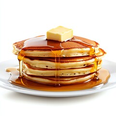 Stack of Pancakes with Butter and Syrup Drizzling Over Isolated