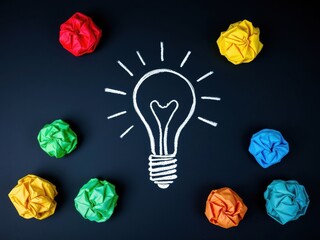 Creative concept with light bulb and crumpled colorful paper balls