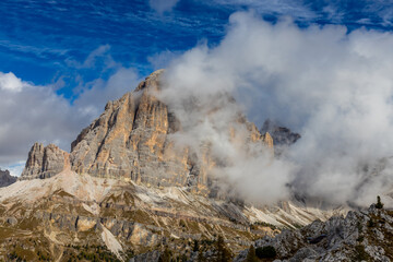 Dolomites mountains, Alpi Dolomiti beautiful scenic landscape in summer. Italian Alps mountain summits and rocky tower peaks above green valley alpine scene near Cortina'd'Amprezzo