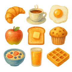Watercolor illustrations of popular breakfast foods like toast, eggs, coffee, and fruit—ideal for menus, cooking blogs, or morning-themed designs PNG