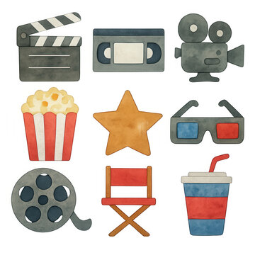 Watercolor-style illustrations of movie-related items like popcorn, film reel, 3D glasses, and clapperboard&mdash;perfect for cinema or entertainment themes PNG