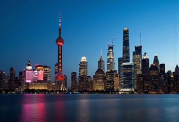 Obraz premium Shanghai skyline illuminated at dusk against the river 